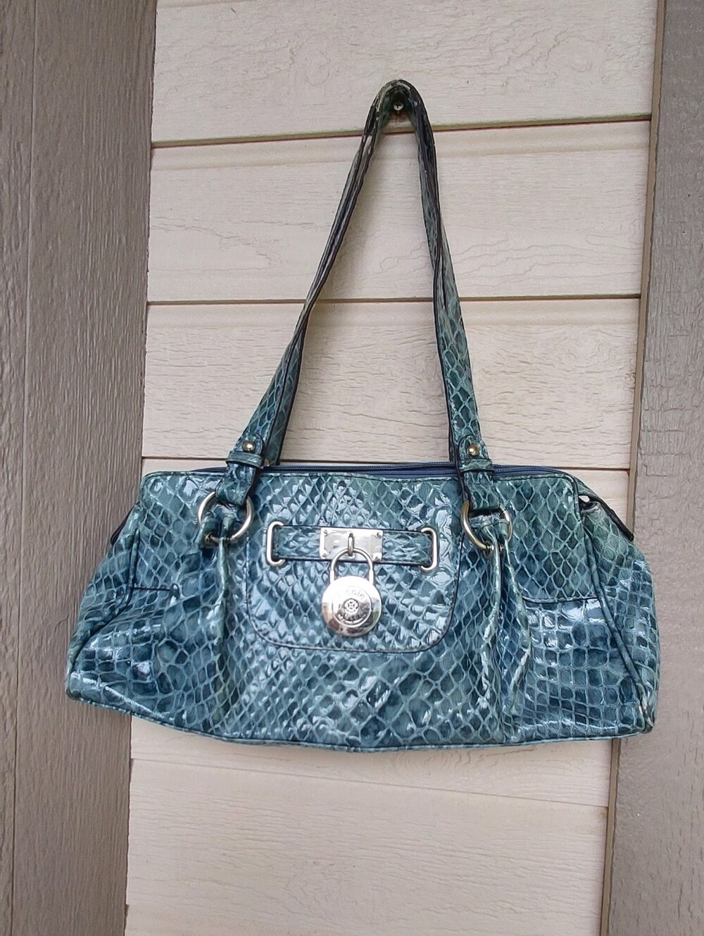 Nicole Miller Teal Croc-Embossed Shoulder Bag with Silver Hardware